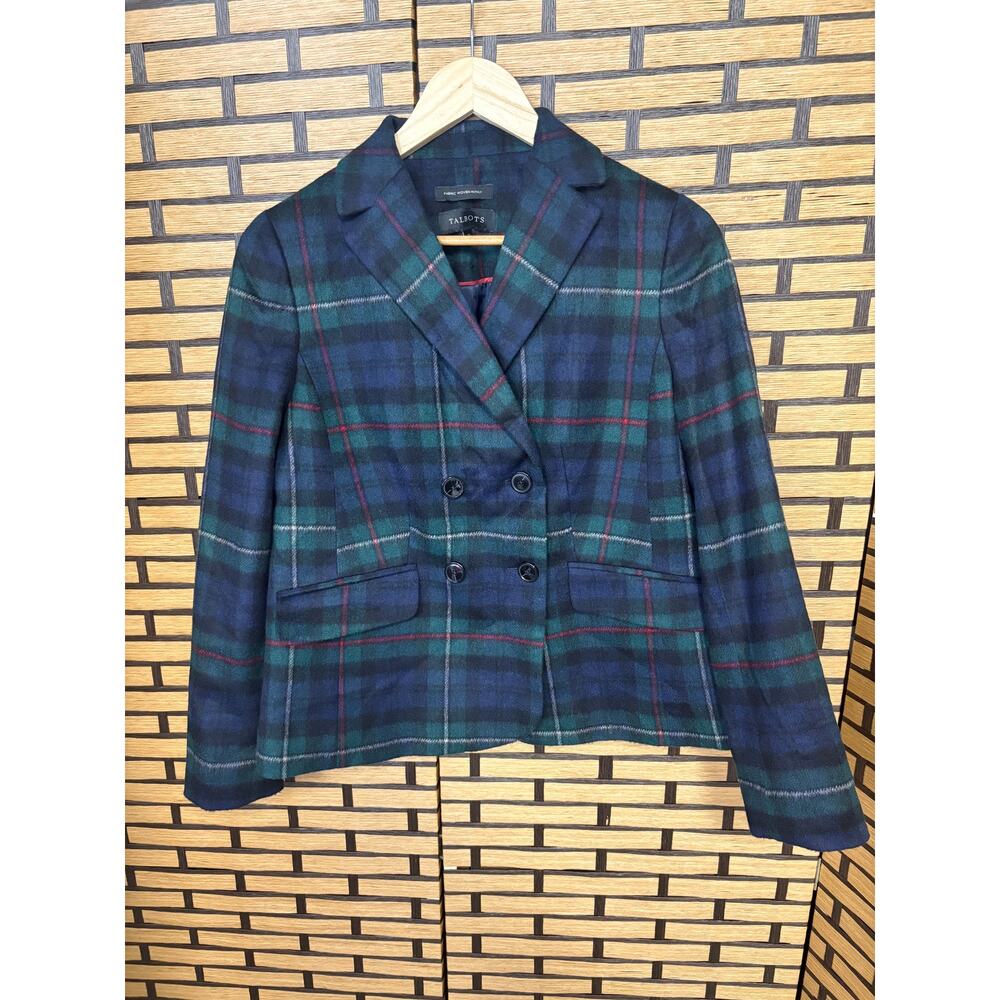 Talbots Blue‎ And Green Fabric Woven In Italy Plaid Blazer Size 2